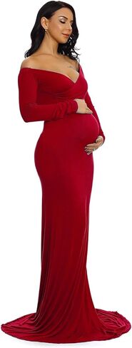 فستان Yuanlar الأنيق للحوامل بدون أكتاف لالتقاط الصور الفوتوغرافية، فستان طويل لحفلات استقبال المولود الجديد in Kuwait