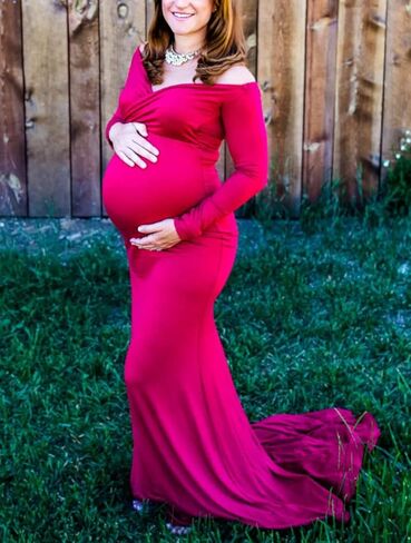 فستان Yuanlar الأنيق للحوامل بدون أكتاف لالتقاط الصور الفوتوغرافية، فستان طويل لحفلات استقبال المولود الجديد in Kuwait