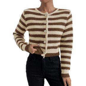 Verdusa Women's Button Front Striped Crop Cardigan Sweater Long Sleeve Knit Shrug