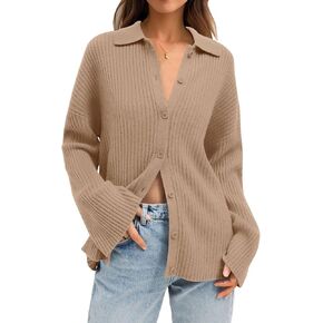 LILLUSORY Women's Cardigan 2023 Long Sleeve Button Down Sweater Shirts Lightweight Collared Loose Cozy Knit Tops