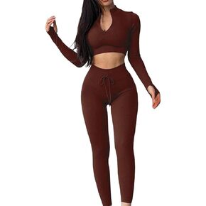 QCHENG Womens Workout Set 2 Piece Seamless Ribbed Long Sleeve Zipper Crop Tops High Waist Drawstring Leggings Gym Yoga Outfit in Saudi Arabia