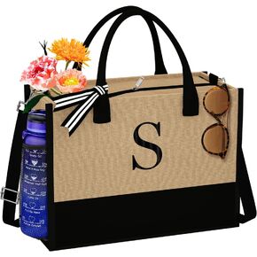 TOPEAST Jute Initial Tote Bag Burlap Beach Bag Personalized Birthday Gifts for Women Teacher Mom Bridal Bridesmaid Gifts in Kuwait