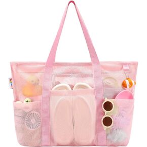 Tagitary Mesh Beach Bag with Zipper Large Beach Tote Waterproof Sandproof with 8 Pockets for Toys Pool Bag Beach Accessories