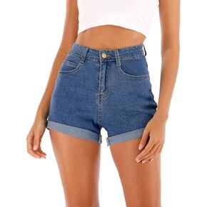 Cuihur Women's Summer Casual Denim High Waisted Folded Hem Jeans Shorts for Juniors