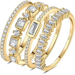 JewelryPalace Princess Emerald Cut CZ Stackable Wedding Ring Eternity Bands for Women, Cubic Zirconia 925 Sterling Silver 14k Yellow Rose Gold Plated Promise Ring for Her, 4pc Anniversary Ring Sets