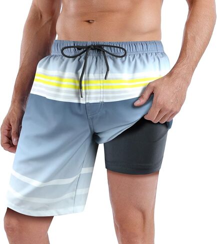 QRANSS Mens Swimming Trunks with Compression Liner 9'' Quick Dry Long Swim Shorts Swimwear Boardshorts with Boxer Brief Liner in Kuwait