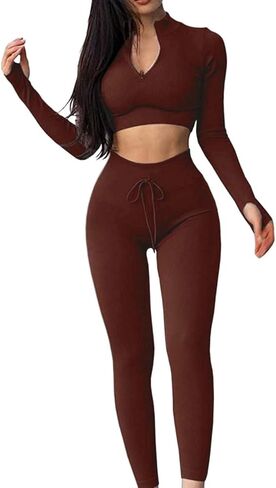 QCHENG Womens Workout Set 2 Piece Seamless Ribbed Long Sleeve Zipper Crop Tops High Waist Drawstring Leggings Gym Yoga Outfit in Saudi Arabia