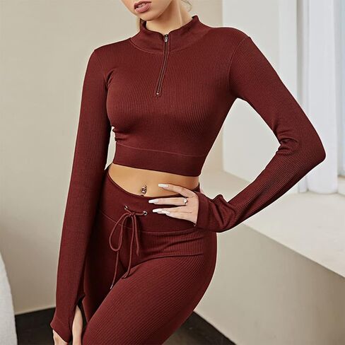 QCHENG Womens Workout Set 2 Piece Seamless Ribbed Long Sleeve Zipper Crop Tops High Waist Drawstring Leggings Gym Yoga Outfit in Saudi Arabia