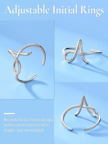 SILVERCUTE S925 Initial Rings, Adjustable Size 6-12 Statement Alphabet Letter A-Z Jewelry Personalized Twisted Initials Rings Sterling Silver Stacking Ring for Women Girls in Kuwait