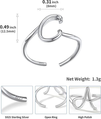 SILVERCUTE S925 Initial Rings, Adjustable Size 6-12 Statement Alphabet Letter A-Z Jewelry Personalized Twisted Initials Rings Sterling Silver Stacking Ring for Women Girls in Kuwait