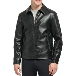 DKNY Men's Faux Leather Classic Laydown Collar Bomber Jacket