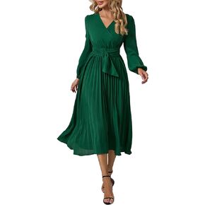xxxiticat Women's Pleated Midi Dress Long Sleeve V-Neck Belted Christmas Tie Waist Lace Up A-Line Chiffon Wrap Dress
