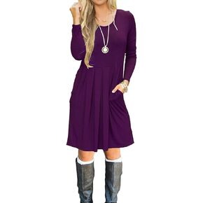 فستان LILBETTER نسائي طويل الأكمام مطوي فضفاض ومتأرجح مع جيوب بطول الركبة in Kuwait