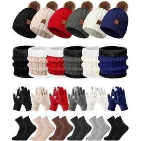 Geyoga 24 Pcs Winter Hat Scarf Gloves Set for Women Men Pompom Beanie Hats Fleece Knit Scarf Knit Skull Cap Fleece Lined Neck Warmer Touch Screen Gloves for Cold Weather in Saudi Arabia