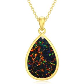 Black Opal Teardop Pendant Necklace, Sterling Silver Dainty October Birthstone Vintage Jewelry Gift for Women in Kuwait