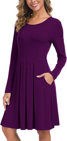 فستان LILBETTER نسائي طويل الأكمام مطوي فضفاض ومتأرجح مع جيوب بطول الركبة in Kuwait