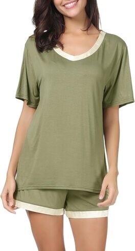 Invug Women Nightwear Short Sleeve Shirt and Shorts Pajama Set V Neck Sleepwear in Saudi Arabia