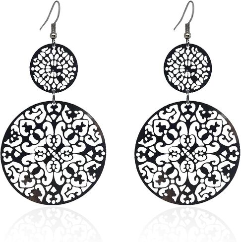 KaFu Delicate Filigree Disc Drop Earrings Double Round Disc Statement Earrings Bohemia Metallic Disc Dangle Hook Earrings for Women Girls in Kuwait