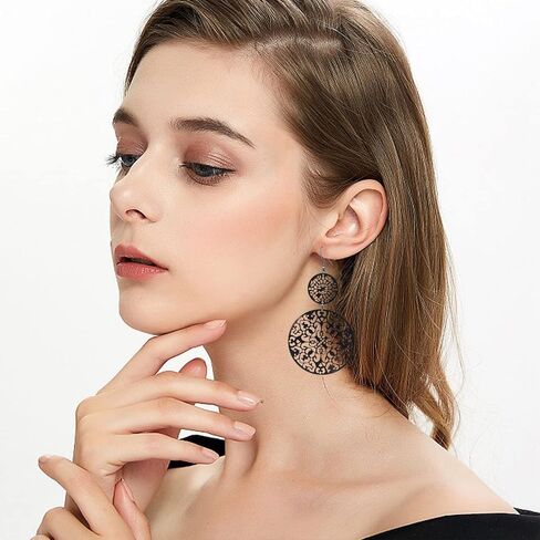 KaFu Delicate Filigree Disc Drop Earrings Double Round Disc Statement Earrings Bohemia Metallic Disc Dangle Hook Earrings for Women Girls in Kuwait