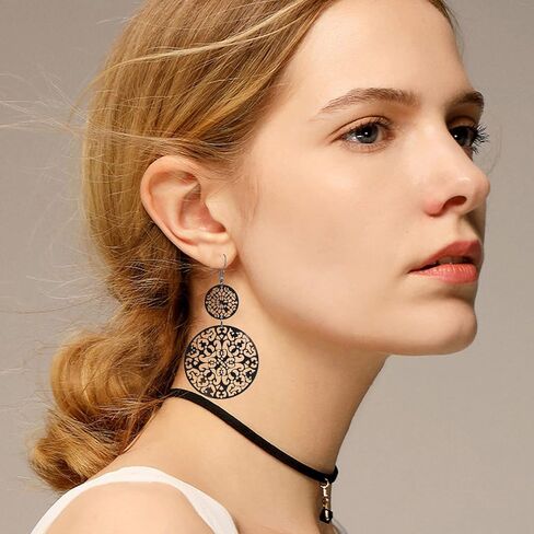 KaFu Delicate Filigree Disc Drop Earrings Double Round Disc Statement Earrings Bohemia Metallic Disc Dangle Hook Earrings for Women Girls in Kuwait