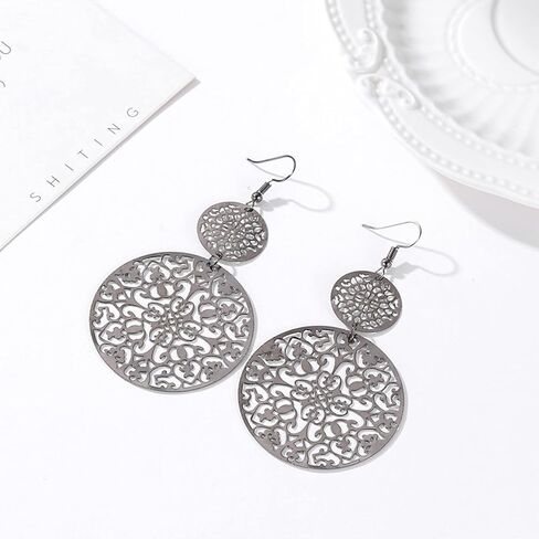 KaFu Delicate Filigree Disc Drop Earrings Double Round Disc Statement Earrings Bohemia Metallic Disc Dangle Hook Earrings for Women Girls in Kuwait