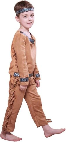 أزياء Megartico Halloween للأطفال الأمريكيين الأصليين للأولاد الزي الهندي للأولاد باللون البني بدلة الحفلات in Kuwait