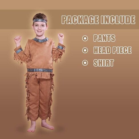 أزياء Megartico Halloween للأطفال الأمريكيين الأصليين للأولاد الزي الهندي للأولاد باللون البني بدلة الحفلات in Kuwait