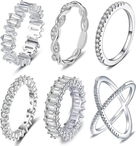 RIOSO 6 قطعة زركون الخلود الفرقة للنساء حبل ملتوي تكويم بسيط الخلود العصابات خاتم الفضة خواتم الزفاف الفرقة in Kuwait