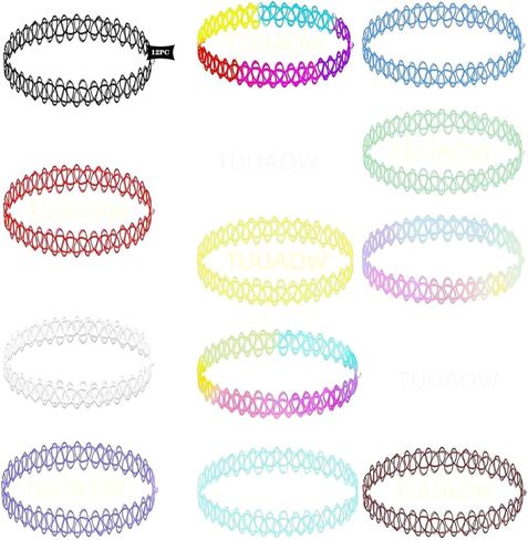 TUUAOW مجموعة قلادة وشم مكونة من 12 قطعة - إكسسوارات التسعينيات والتسعينيات للنساء والفتيات المراهقات والأطفال - مجوهرات قابلة للتمدد بألوان نابضة بالحياة - فكرة هدية على طراز الصيف in Kuwait