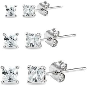 3-Pairs Sterling Silver 2mm 3mm & 4mm Cubic Zirconia Princess-Cut Square Multipack CZ Stud Earrings Jewelry Set for Women Girls Men in Kuwait