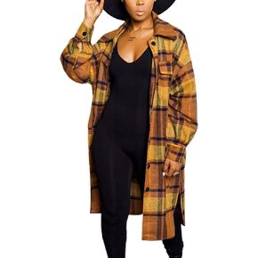 AMEBELLE Women's Mid Long Plaid Wool Shacket Jackets Casual Lapel Button Up Shirts