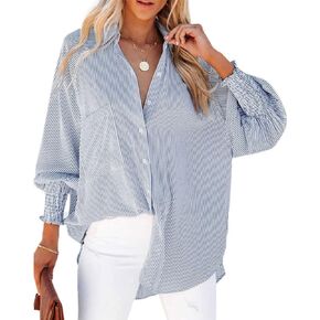 OPOIPIN Women's Striped Print Shirred Long Sleeve Button Down Pocket Blouse Shirt Top in Kuwait