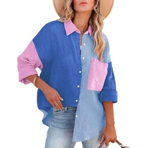 chouyatou Women's Color Block Long Sleeve Button Down Boyfriend Shirt Blouses in Kuwait