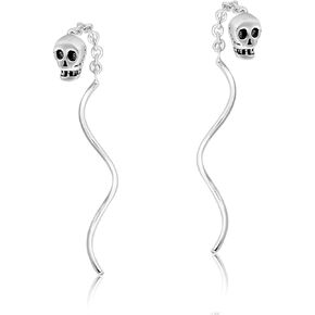 AeraVida Tiny Skull Chain Threader Spiral Halloween Sterling Silver Earrings, 0.11x0.15 inch