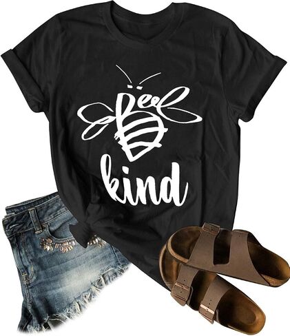 Dresswel Be Kind التي شيرت المرأة قصيرة الأكمام تي شيرت النحل الجرافيك المحملة كم طويل جيب قميص بلايز عادية in Kuwait