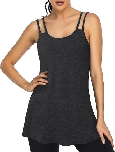 Cestyle Spaghetti Straps Camisole with Built-in Padded Shelf Bra for Women Dressy Casual, Scoop Neck Tunic Length Tank Tops in Kuwait
