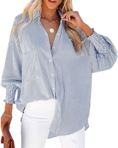 OPOIPIN Women's Striped Print Shirred Long Sleeve Button Down Pocket Blouse Shirt Top in Kuwait