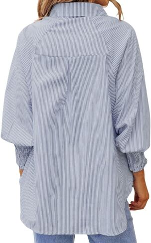 OPOIPIN Women's Striped Print Shirred Long Sleeve Button Down Pocket Blouse Shirt Top in Kuwait