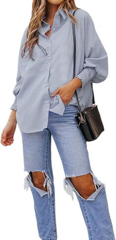 OPOIPIN Women's Striped Print Shirred Long Sleeve Button Down Pocket Blouse Shirt Top in Kuwait