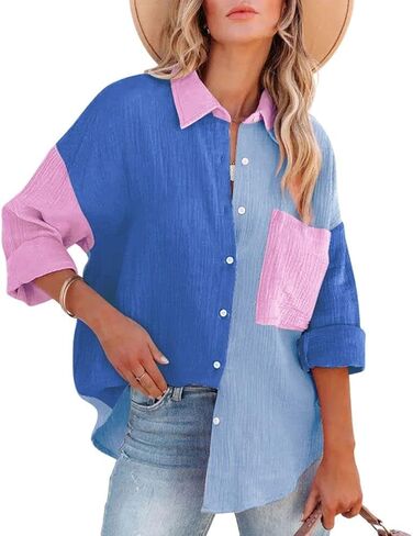 chouyatou Women's Color Block Long Sleeve Button Down Boyfriend Shirt Blouses in Kuwait
