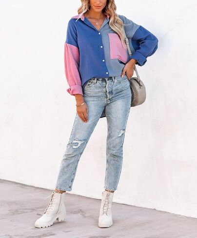 chouyatou Women's Color Block Long Sleeve Button Down Boyfriend Shirt Blouses in Kuwait