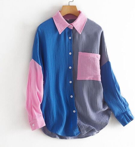 chouyatou Women's Color Block Long Sleeve Button Down Boyfriend Shirt Blouses in Kuwait