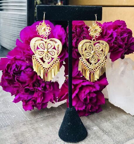 Folklorico Dance Traditional Mexican Gold Filigree Earrings, Heart Shape Earrings, Day of the Dead, Mexican Earrings, Heart Earrings in Saudi Arabia