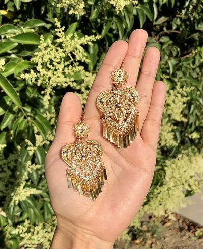 Folklorico Dance Traditional Mexican Gold Filigree Earrings, Heart Shape Earrings, Day of the Dead, Mexican Earrings, Heart Earrings in Saudi Arabia