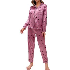 WDIRARA Women's 2 Piece Sleepwear Striped Satin Short Sleeve Shirt and Pants Pajama Set in Kuwait