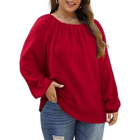 BLANCHES Womens Plus Size Tops Square Neck T-Shirts Blouses Casual Soft Flowy Tunic Long Puff Sleeves Twist Front Tunic Shirt