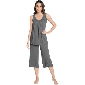 NACHILA Women's Bamboo Ribbed Pajamas Set Pleated Sleepwear Pjs Tank Top with Capri Pants Scoop Neck Loungewear S-4XL