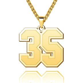 Inspirational 18K Gold Number 1-99 Necklace for Men Boys Athletes Sport Initial 25mm High Pendant Stainless Steel Jewelry 23.6" Wheat Chain