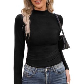 قمصان HWOKEFEIYU النسائية ذات الرقبة الطويلة والأكمام الطويلة، قمصان علوية مضلعة in Kuwait