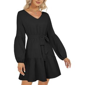 ROYLAMP Women's Tunic Dresses Long Sleeve V Neck Plaid Tie Waist Ruffle Swing Shift Casual Mini Dress with Pocket